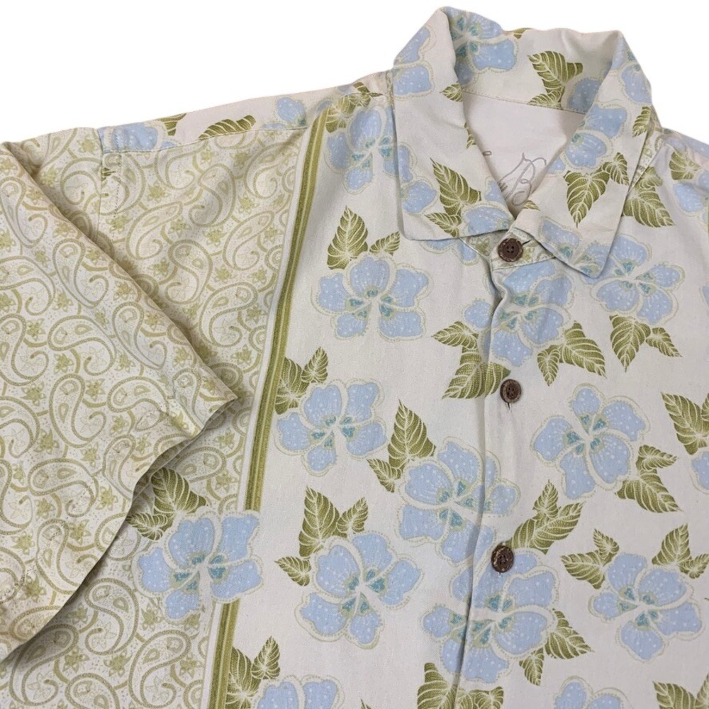 Tommy Bahama Mens XL Silk Camp Shirt Floral Paisley Hibiscus‎ T32238 Cream Green